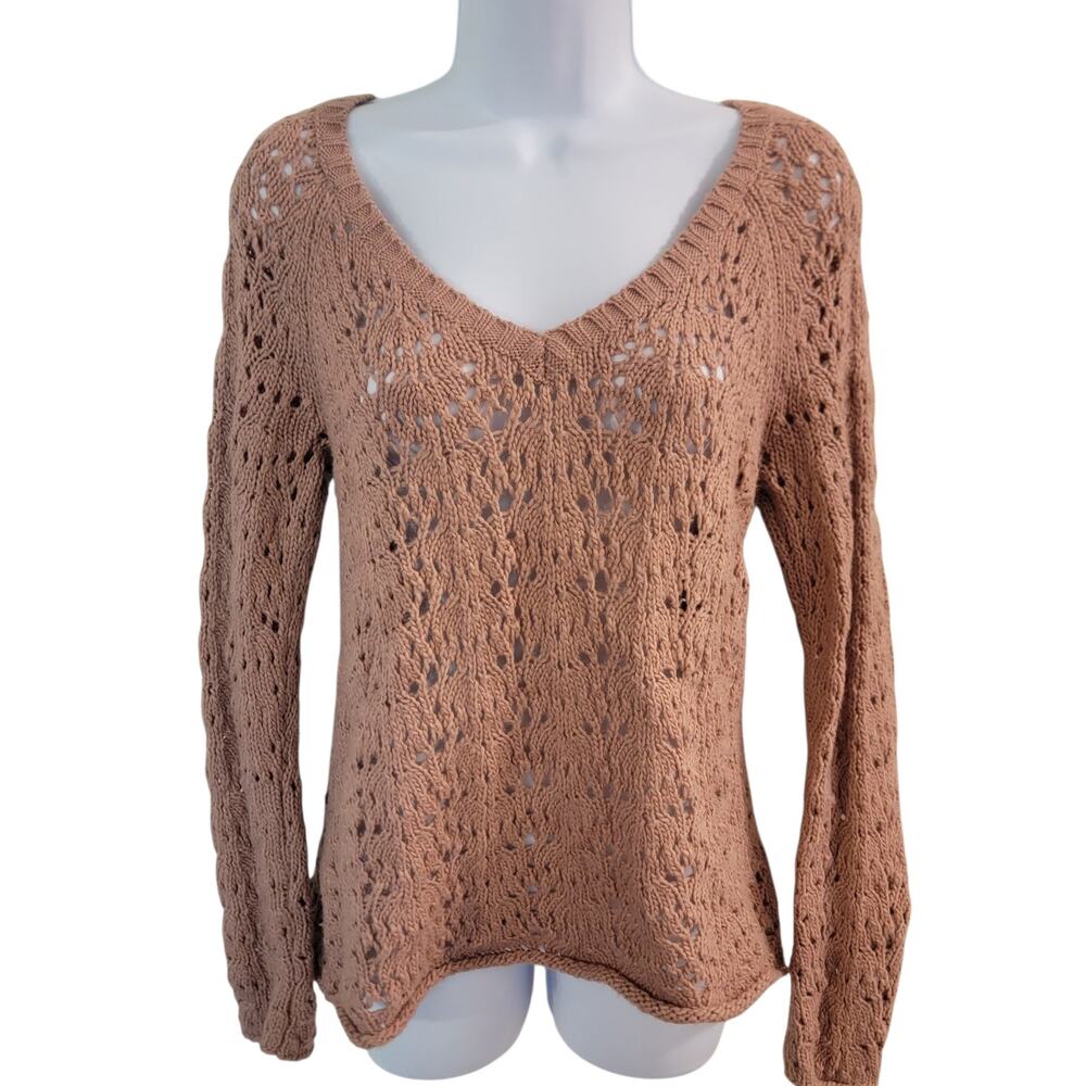 American Eagle Women’s M Mauve Open Knit Crochet V-Neck Sweater Boho Fall